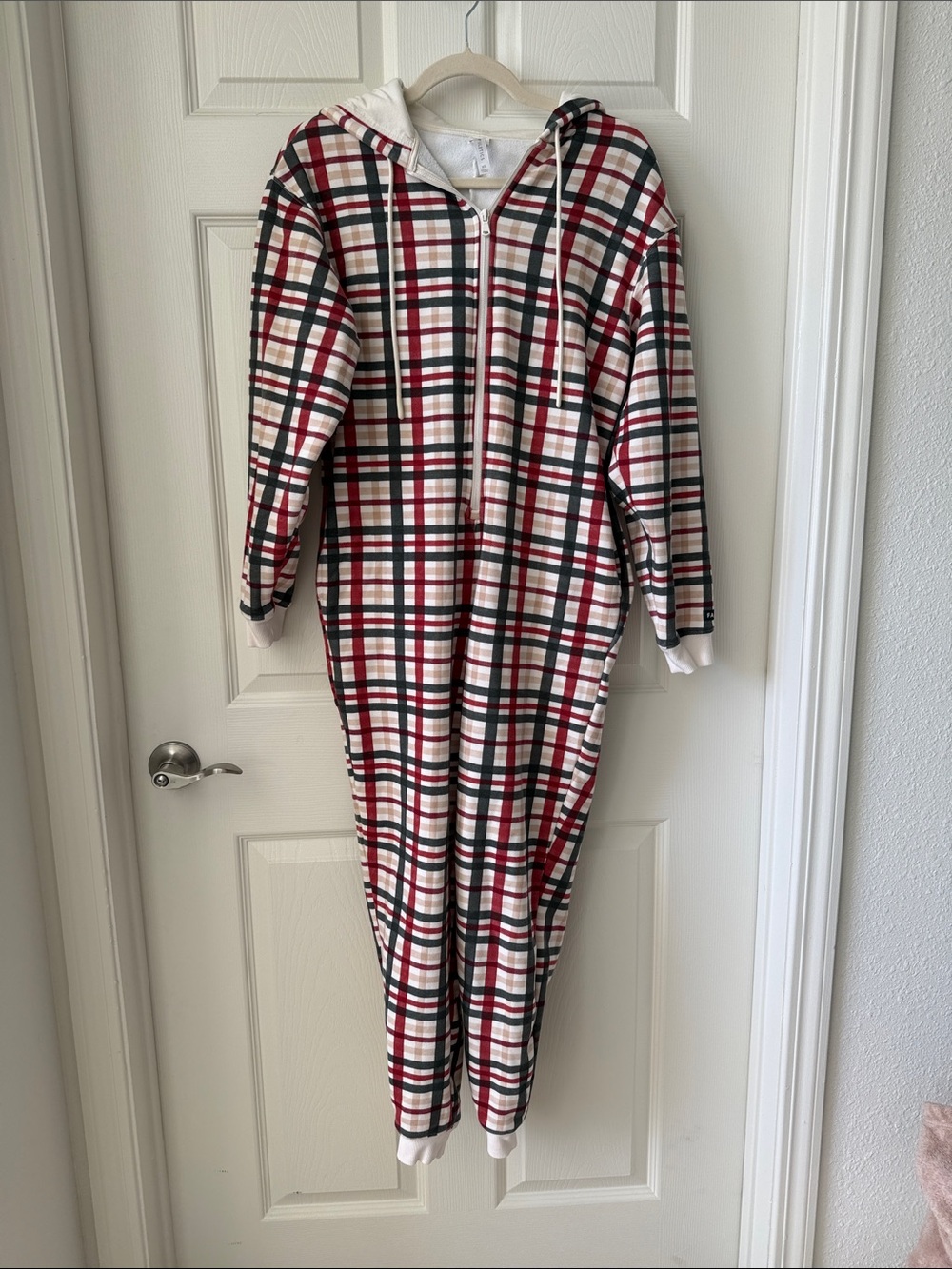 Fabletics Red Green Cream Plaid Hooded Zip-Up Onesie Pajama